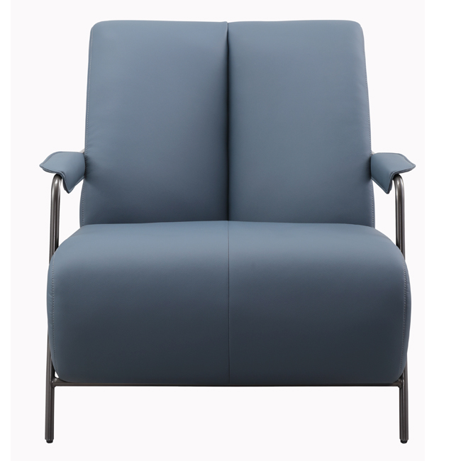 Contemporary lounge chair with soft blue upholstery, cushioned armrests, and curved black metal frame – designed for comfort in upscale hospitality or commercial spaces