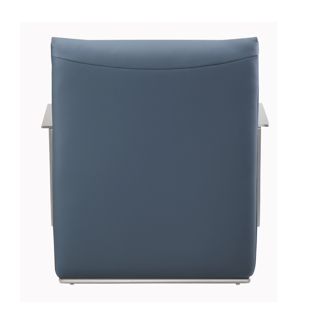 Modern lounge chair with deep blue upholstered seat and backrest, featuring sleek brushed metal armrests and minimalist design – ideal for commercial or hospitality interiors