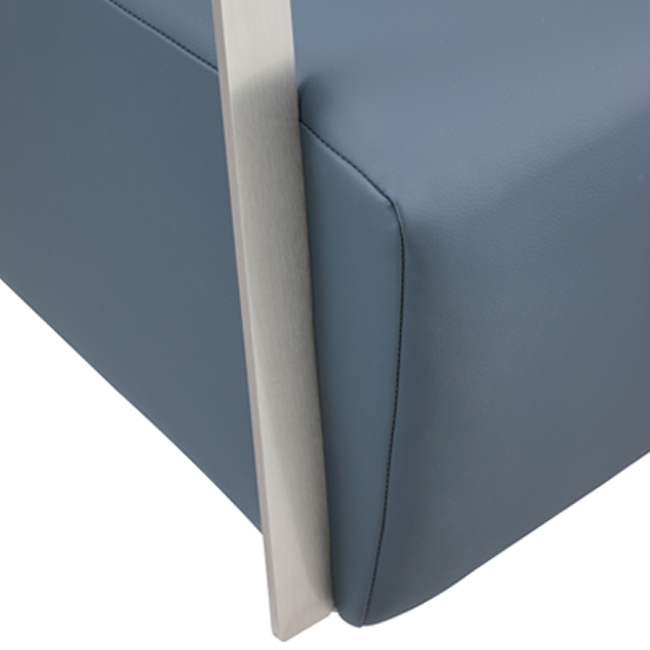 Modern lounge chair with deep blue upholstered seat and backrest, featuring sleek brushed metal armrests and minimalist design – ideal for commercial or hospitality interiors