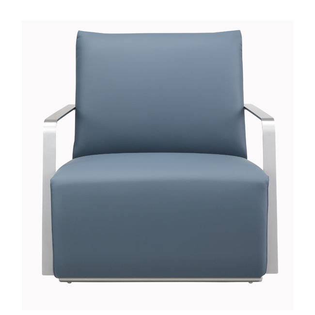 Modern lounge chair with deep blue upholstered seat and backrest, featuring sleek brushed metal armrests and minimalist design – ideal for commercial or hospitality interiors
