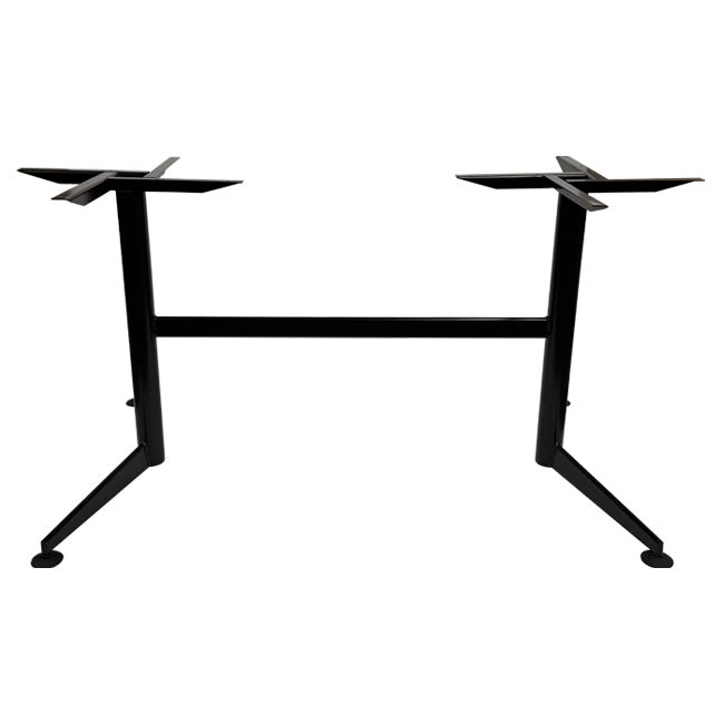 Black powder coat twin leg steel table base suitable for rectangular dining or round bistro tables, commonly used in hospitality venues such as bistros, cafes, restaurants, and pubs. Designed for commercial durability and stability.