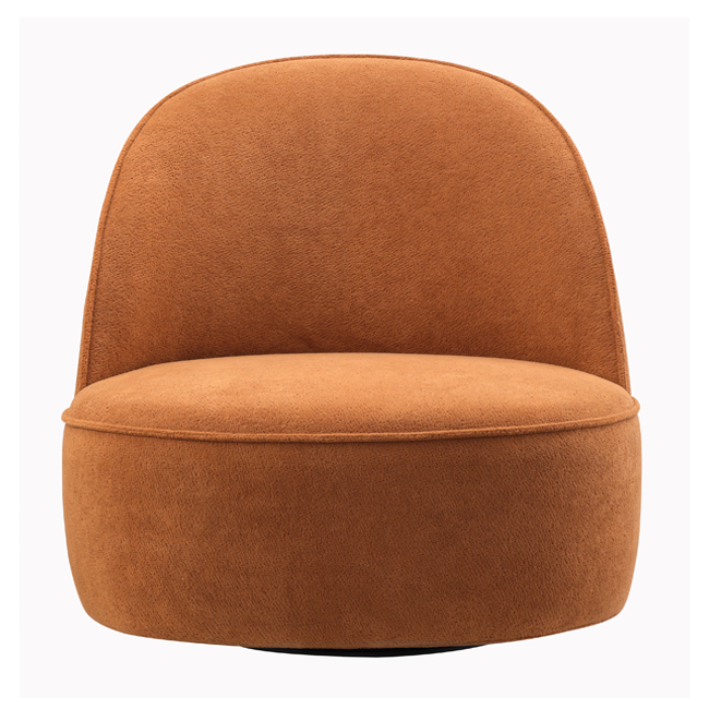Curved back lounge chair in rich terracotta fabric with plush cushioning and a rounded base – a stylish, commercial-grade seating option built for durability in commercial hotels, lobbies, lounge or reception areas